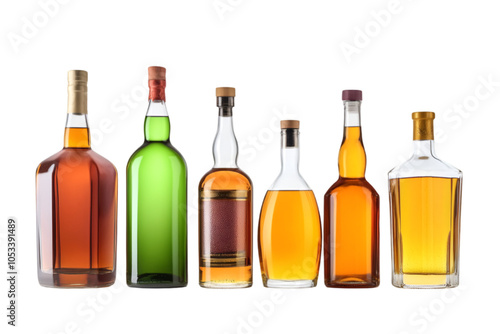 Assorted bottles of liquor, white isolate background transparent background
