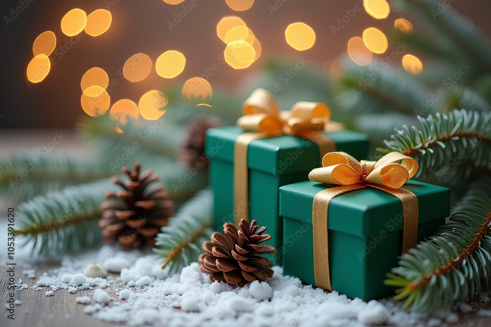 Christmas and new year background - gift boxes and pine cones and branches on the background of bokeh garlands Christmas and new year background - gift boxes and pine cones and branches on the background of bokeh garlands