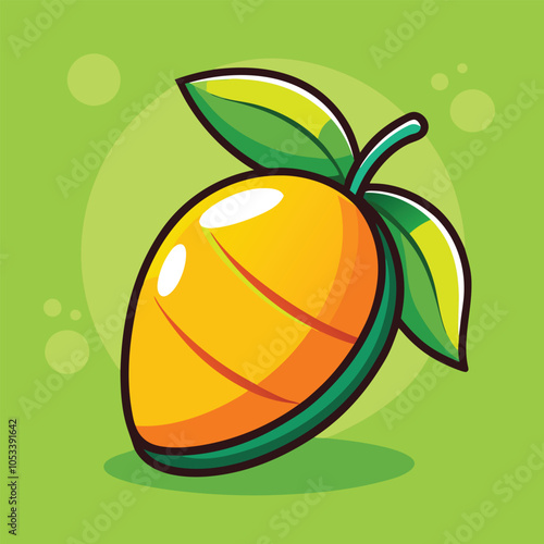 A cartoon illustration of a ripe mango with green leaves, perfect for tropical-themed designs.