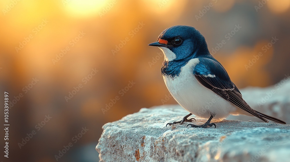 A small blue and white bird perches on a rock with a blurred sunset background. A small blue and white bird perches on a rock with a blurred sunset background.