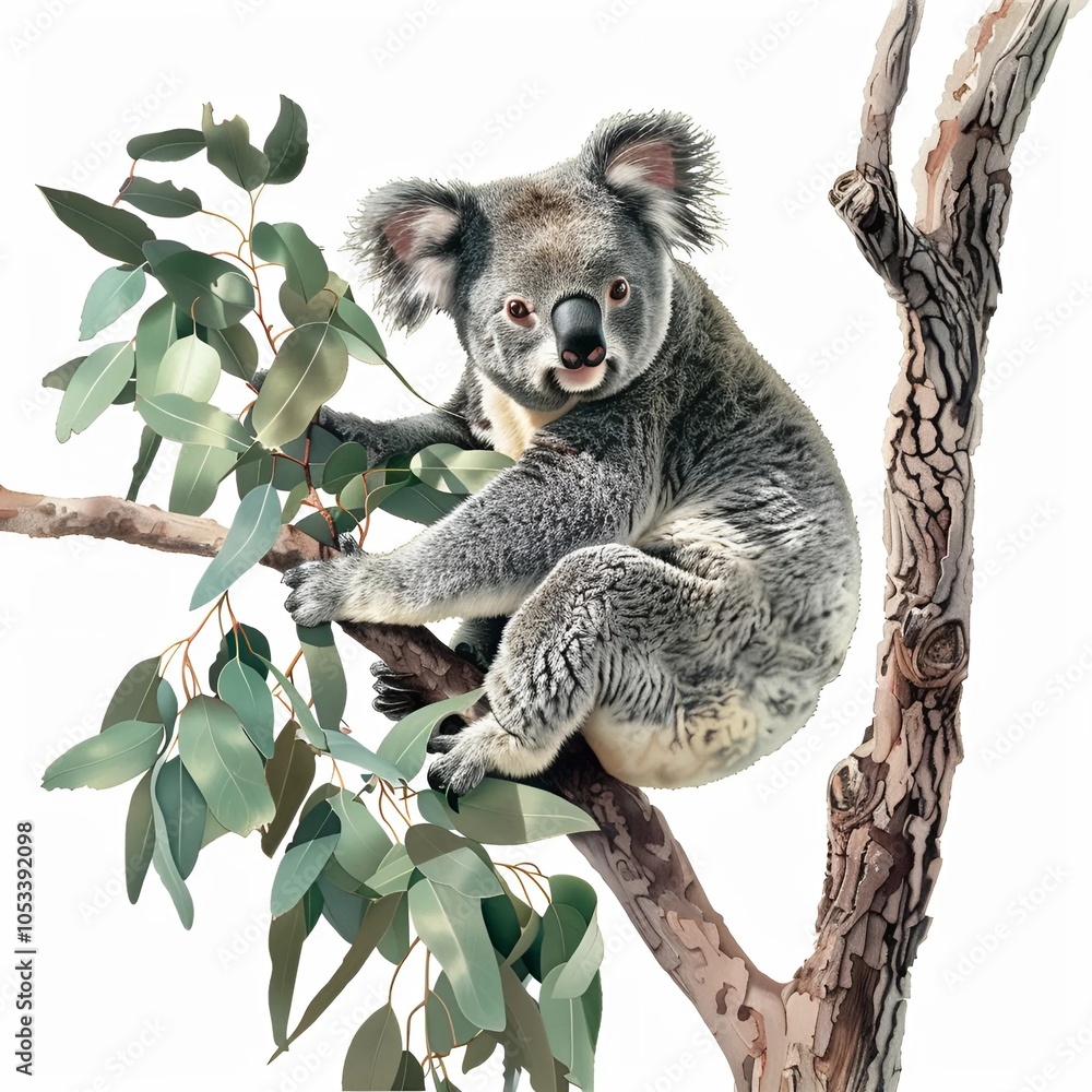 Fototapeta premium koala bear climbing tree with white background