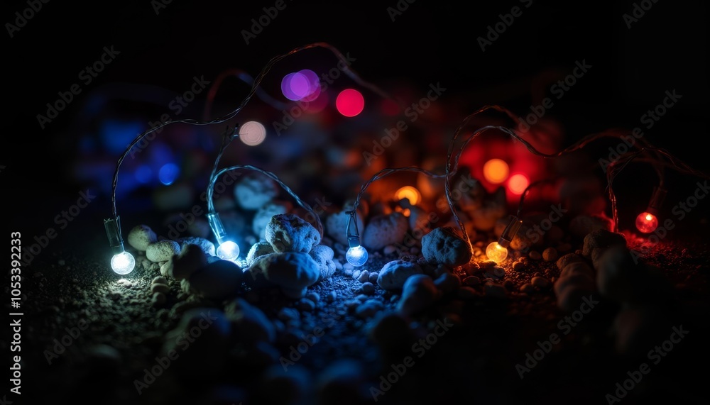 Illuminated night scene with colorful lights and rocks Illuminated night scene with colorful lights and rocks