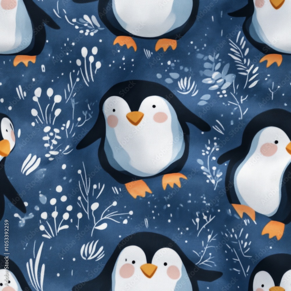 Seamless pattern of cute penguins on a blue background with white floral elements. Seamless pattern of cute penguins on a blue background with white floral elements.