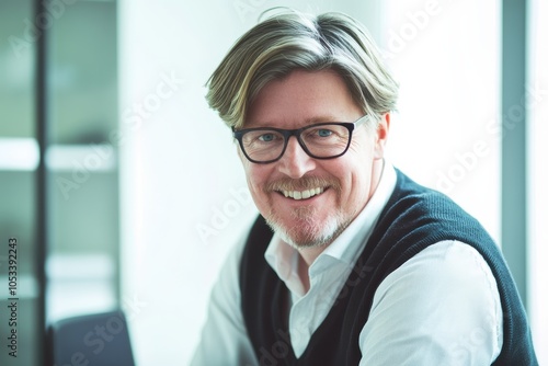 Professional portrait of a Belgian man smiling in a modern office setting, suitable for corporate or lifestyle use.