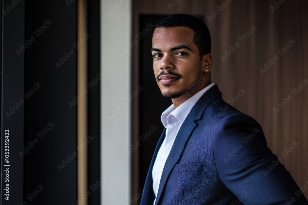 Professional portrait of a Dominican man in a smart blue suit against a modern interior backdrop, ideal for business profiles. Professional portrait of a Dominican man in a smart blue suit against a modern interior backdrop, ideal for business profiles.