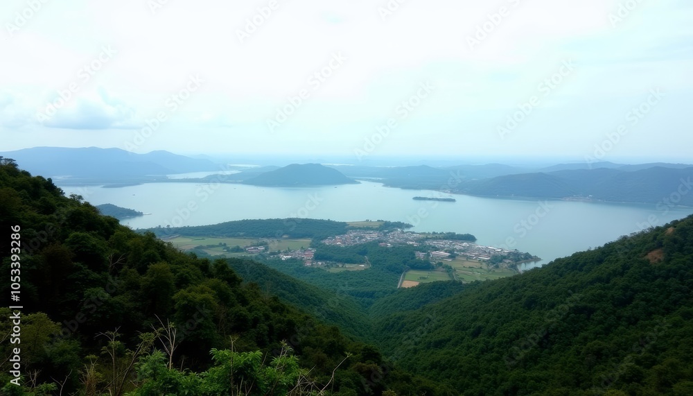 Panoramic view of a serene lake nestled amidst lush green hills Panoramic view of a serene lake nestled amidst lush green hills