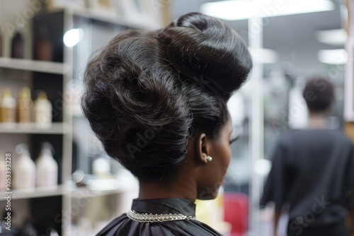 Woman is sitting in a hair salon, presenting her voluminous hairstyle