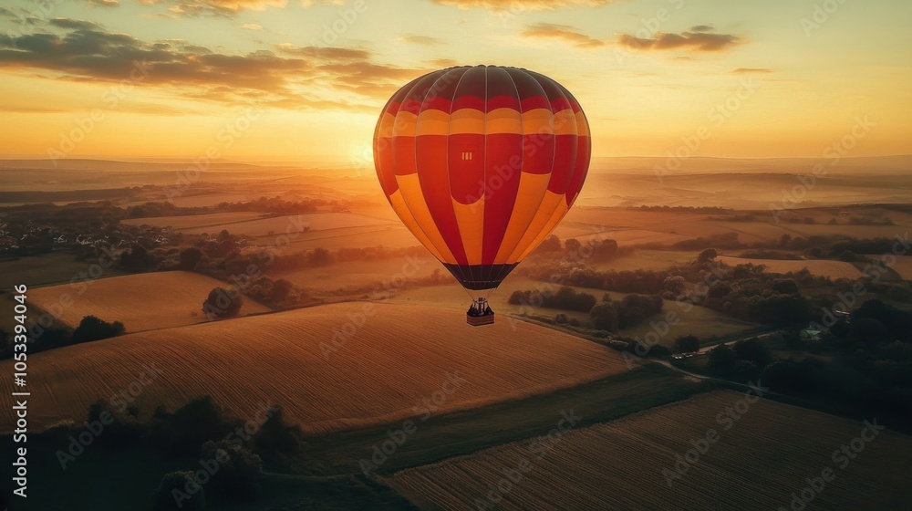 Obraz premium Group of friends enjoying a hot air balloon ride over a patchwork of fields, 4K hyperrealistic photo