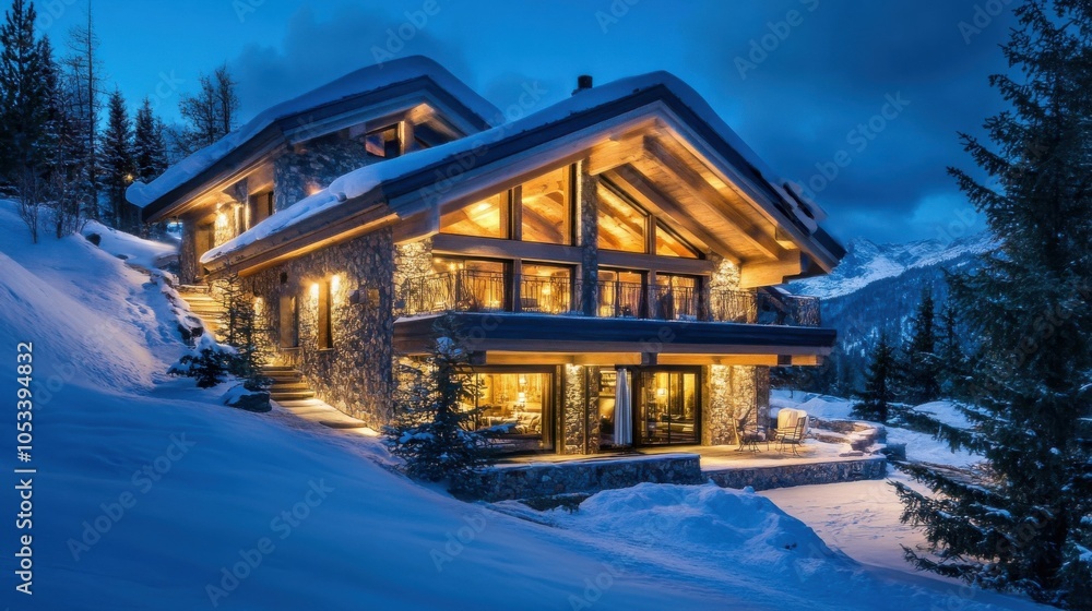 Fototapeta premium Luxurious mountain chalet with panoramic views.