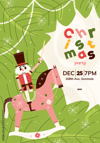 invitation template for a Christmas party with a nutcracker. An invitation card with a fairy-tale character for a winter holiday. The illustration is in a flat style in green and pink colors.