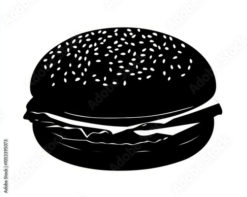 Flat Black Icon of a Hamburger on White Background, Fast Food Illustration Generative AI