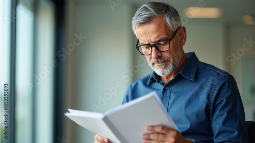 Middle-Aged Man Studying Corporate Code of Conduct in Minimalist Office