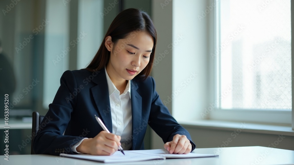 Businesswoman Taking Notes on Compliance Procedures Businesswoman Taking Notes on Compliance Procedures