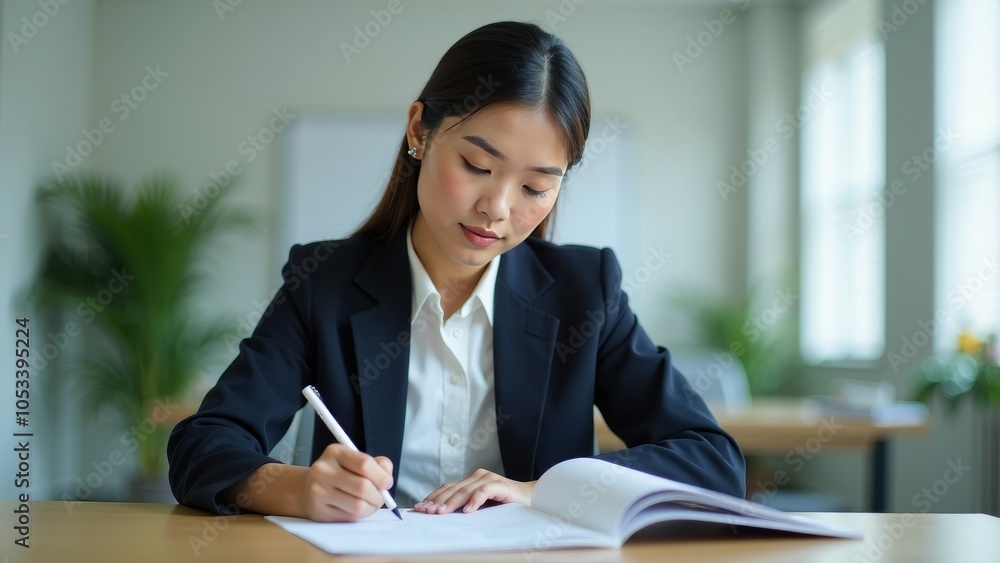 Focused East Asian Businesswoman Taking Notes on Compliance Procedures Focused East Asian Businesswoman Taking Notes on Compliance Procedures