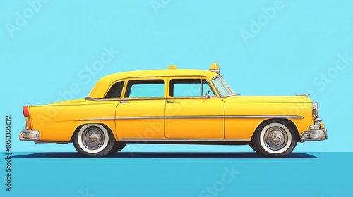 Bright yellow taxi on pastel blue background