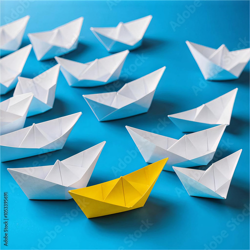 White paper boats on a blue background.