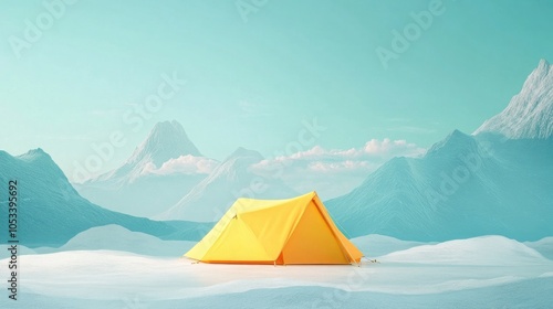 Bright yellow tent in front of minimalist mountain scene