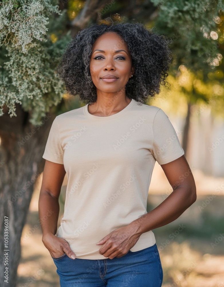 Confident woman with curly hair standing outdoors. Confident woman with curly hair standing outdoors.