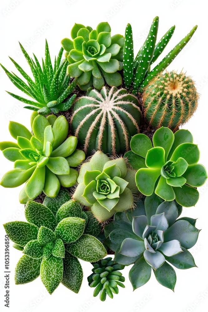 Fototapeta premium Succulent and cactus mix, isolated for texture variety and natural beauty