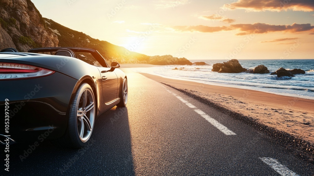 Fototapeta premium Car driving along an empty coastal road.