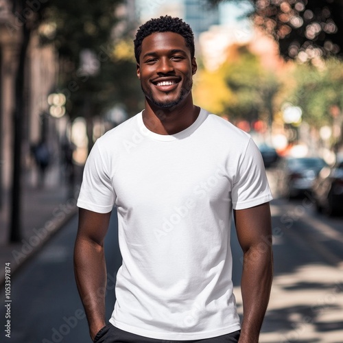 A young man in a white T-shirt stands in a city street.