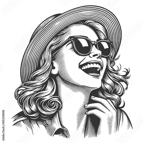 joyful woman with curly hair and sunglasses, capturing a relaxed, carefree vibe in a retro style sketch engraving generative ai vector illustration. Scratch board imitation. Black and white image.