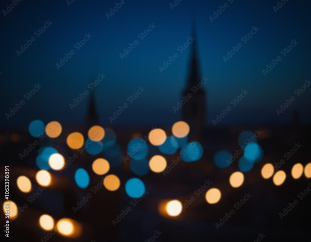 Fototapeta premium Beautiful city night bokeh light, abstract blur defocused background. Colorful overlay glitter lights for layout design. Boke glows concept of Celebration, Christmas or festival seasonal background.