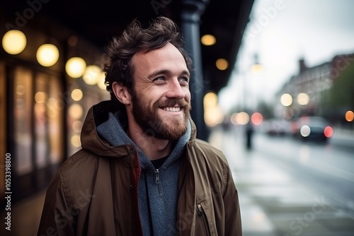 Portrait of a handsome man on a city street at night.