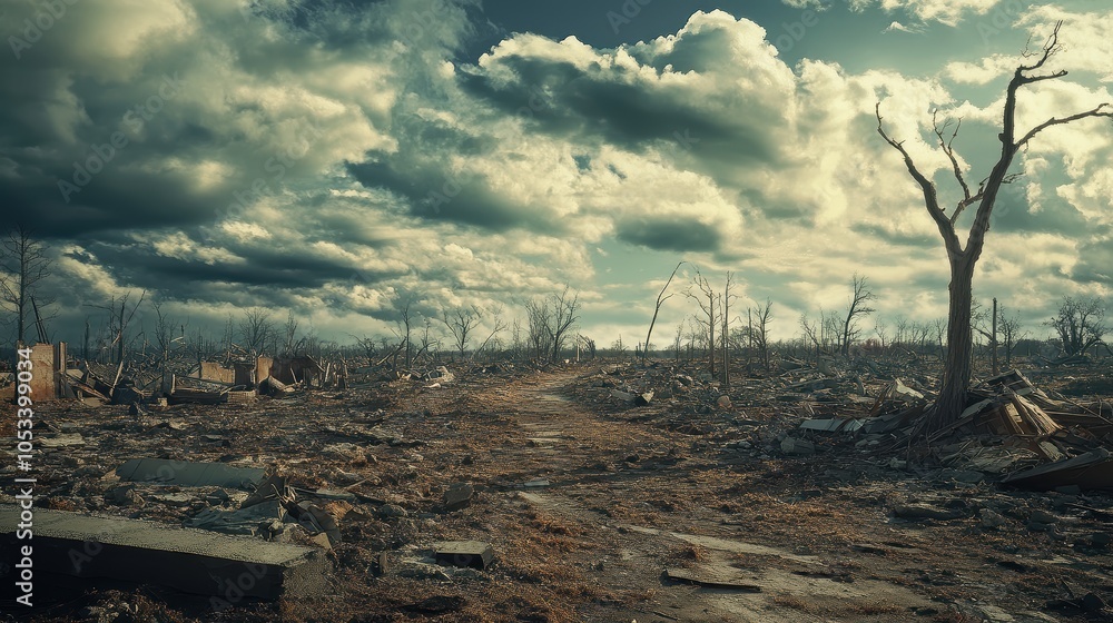 A photograph of a barren landscape after a tornado, with nothing but wreckage and devastati