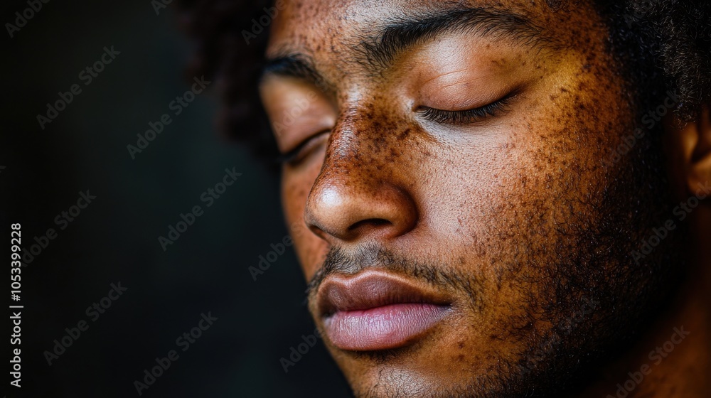 A young man gazes inward, his eyes closed and expression thoughtful. Soft lighting enhances his features, creating an intimate atmosphere filled with nostalgia and depth. A young man gazes inward, his eyes closed and expression thoughtful. Soft lighting enhances his features, creating an intimate atmosphere filled with nostalgia and depth.