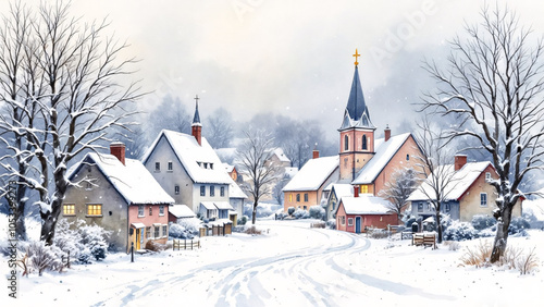 Whimsical Watercolor Christmas Village Artwork with a Nostalgic Holiday Feel