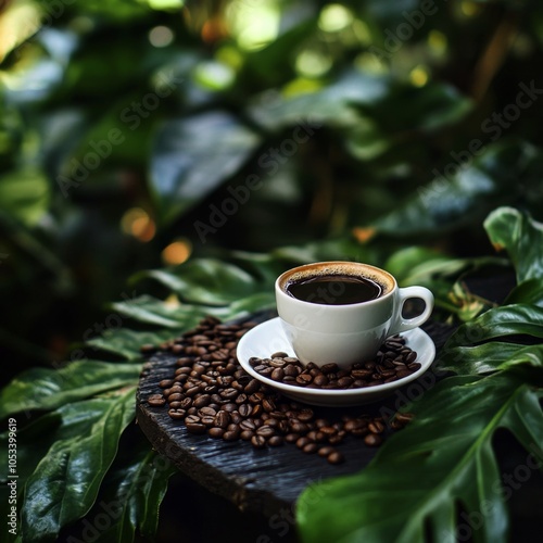A cup of black coffee on a wooden table surrounded by coffee beans and lush green leaves.