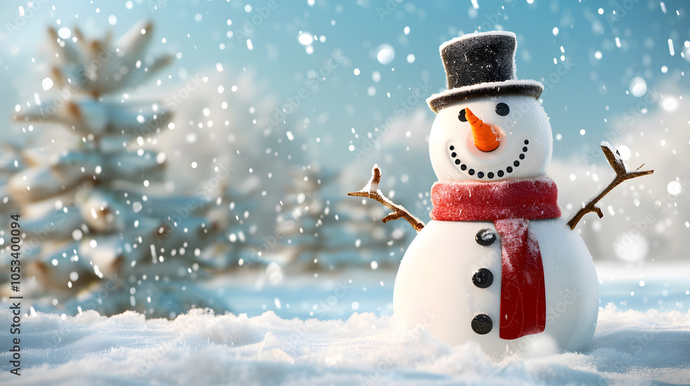 Fototapeta premium Festive snowman wearing red scarf and black hat in snowy field with gentle falling snow