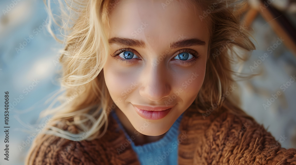stylish young woman with captivating blue eyes taking selfie, casual and modern lifestyle portrait stylish young woman with captivating blue eyes taking selfie, casual and modern lifestyle portrait