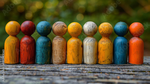 Colorful Wooden Figures on a Log