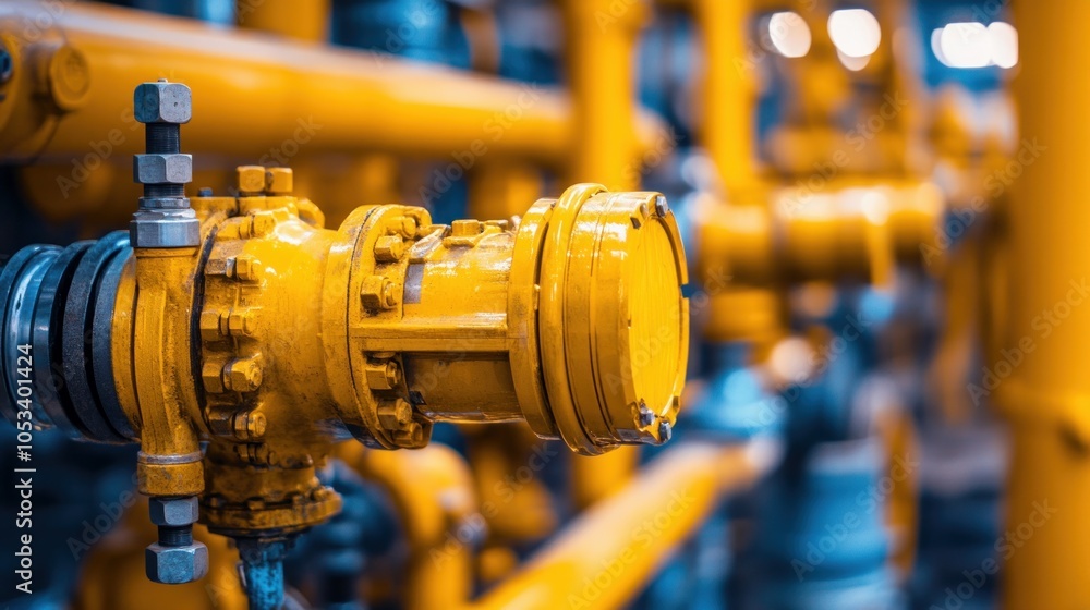 Yellow gas pipeline featuring a control valve and auxiliary equipment