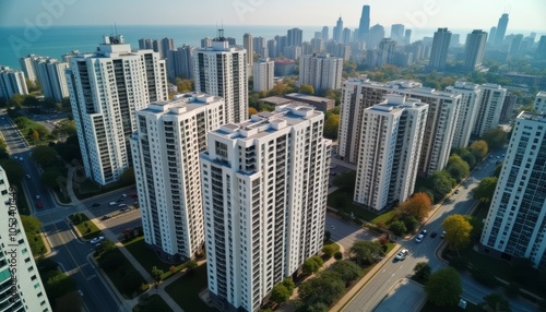  Elevated view of a bustling cityscape with towering buildings and vibrant streets