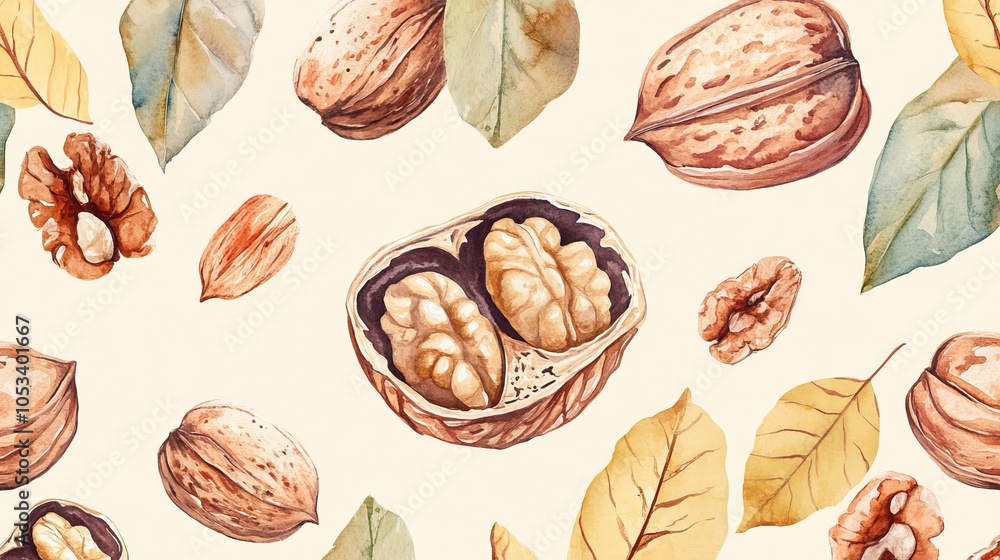 Seamless pattern of assorted nuts hand-painted in watercolor on a soft beige backdrop. Seamless pattern of assorted nuts hand-painted in watercolor on a soft beige backdrop.