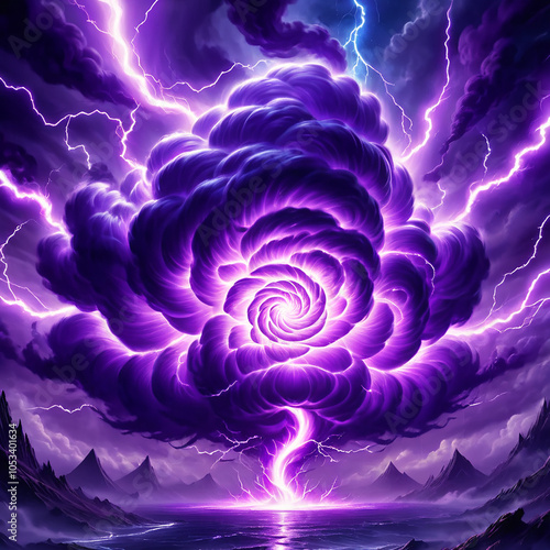 A swirling, purple storm cloud fills the sky, with lightning bolts emanating from it. Below, a dark purple sea laps at the shore of jagged mountains, creating a dramatic, fantasylike landscape. photo