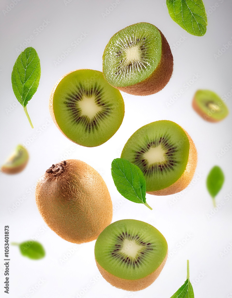 Fototapeta premium Kiwi fruits with leaves floating or flying isolated white background