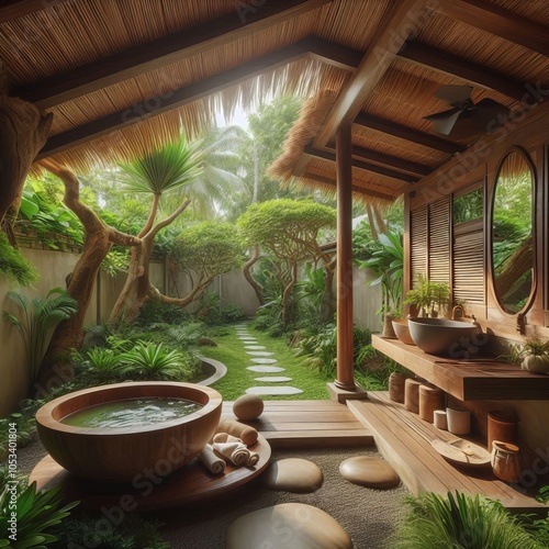  Outdoor Bathroom Open air design with natural materials often f