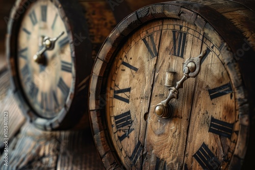 Wallpaper Mural Two vintage clocks made of wood are sitting on a wooden surface, suggesting the passage of time Torontodigital.ca