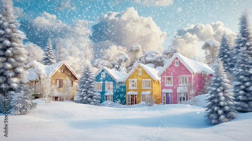 Colorful houses covered in snow during winter in a serene forest setting under a cloudy sky