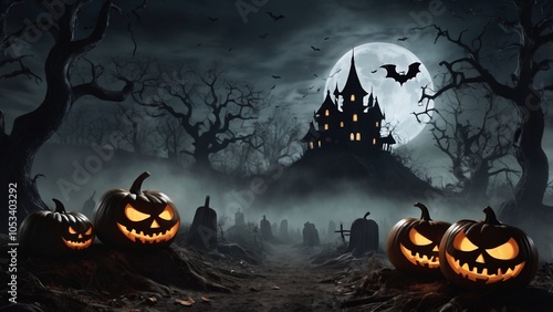 Halloween background with pumpkins and full moon at night