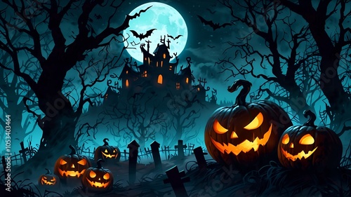 Halloween background with pumpkins and full moon at night