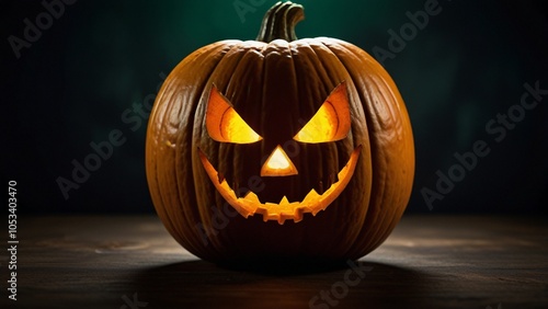 Halloween pumpkins with scary faces on black background, 3d render at night