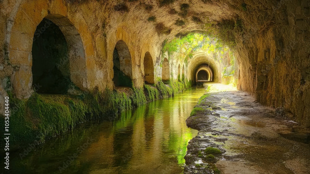 Fototapeta premium Tranquil Underground Tunnel with Small Stream