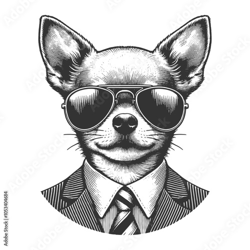 chihuahua businessman in a suit and aviator sunglasses, elegance and humor in a stylized vintage look sketch engraving generative ai vector illustration. Scratch board imitation. Black and white image