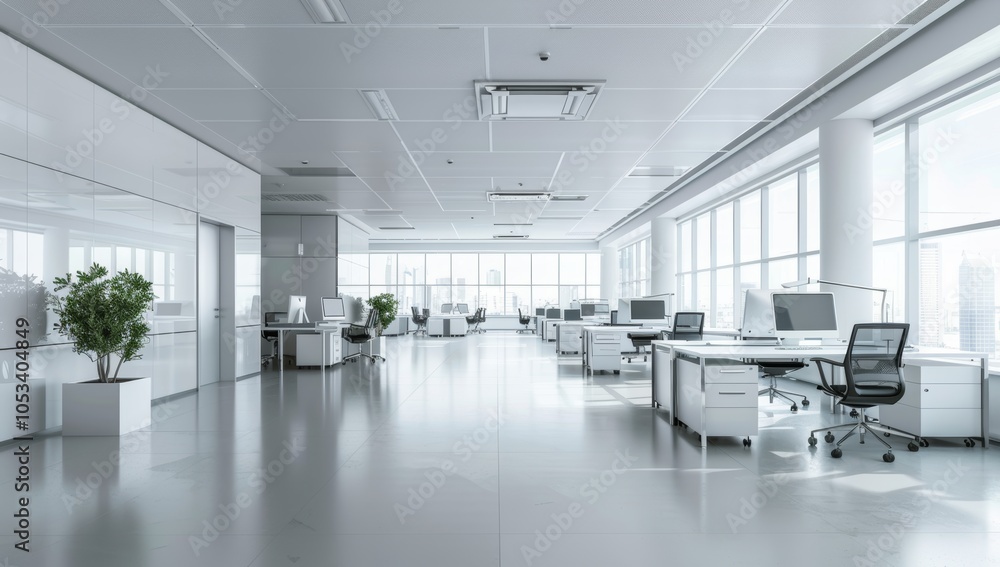 Modern office interior with white desks and chairs, computers on tables, panoramic windows, and bright daylight. Wide shot of an empty open space with white walls and a light gray floor. Modern office interior with white desks and chairs, computers on tables, panoramic windows, and bright daylight. Wide shot of an empty open space with white walls and a light gray floor.