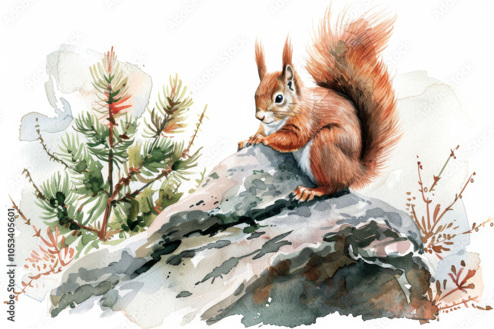 An illustration of a squirrel in the forest in the watercolor style. An illustration of a squirrel in the forest in the watercolor style.